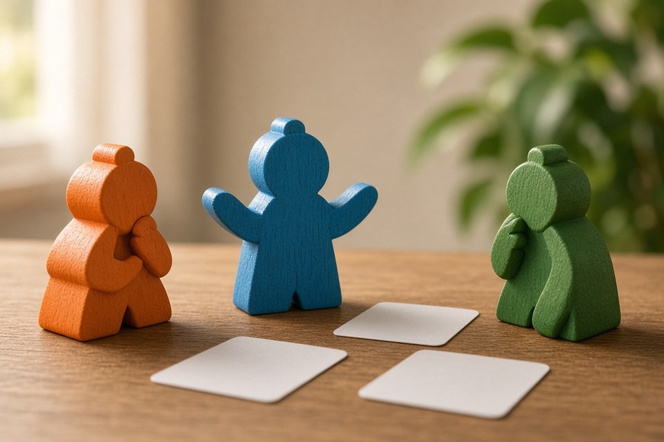 Wooden meeple on a soft abstract surface. Placeholder image, not publisher art.