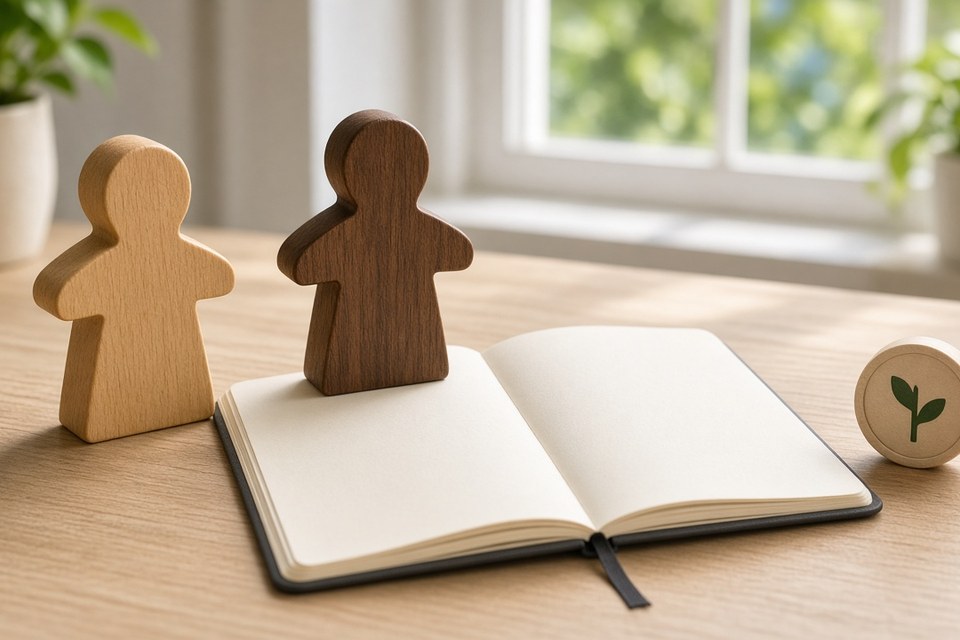 Abstract wooden meeple reflection scene. Placeholder image, not publisher art.